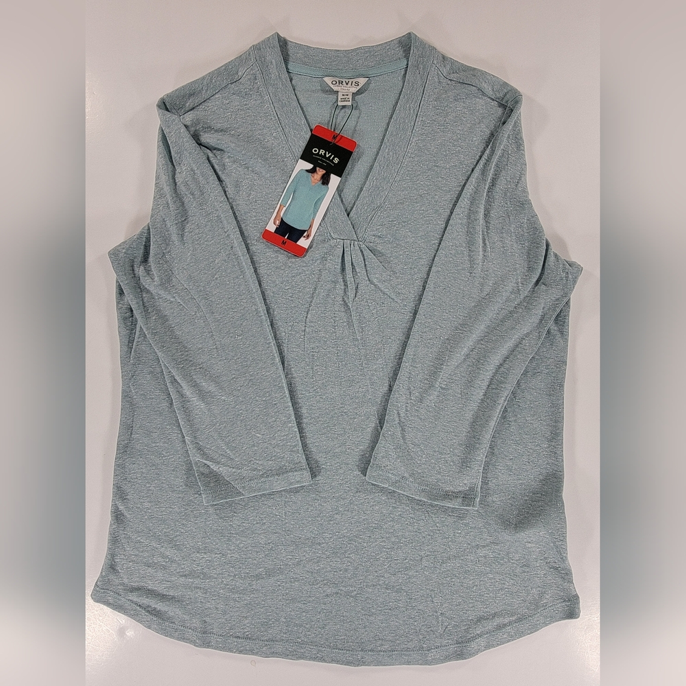 NEW Orvis Shirt Womens Medium Blue Linen Blend Stretch 3/4 Sleeve Pullover NWT